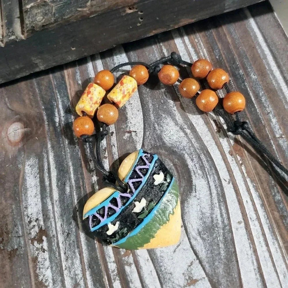 Artisan Heart Flowers Unglazed Clay Beige Black Multicolor OOAK Pendant Necklace - Picture 2 of 7